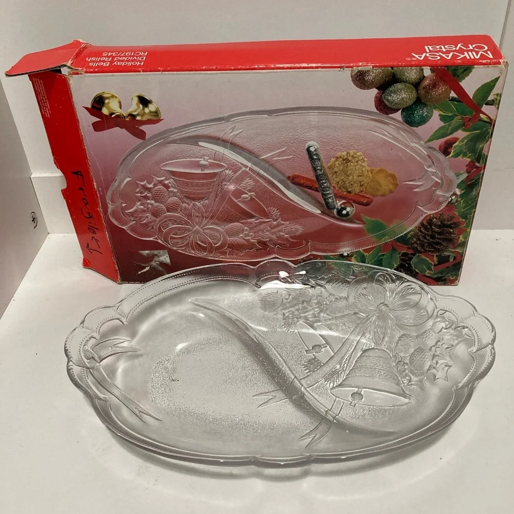 Mikasa crystal holiday bells divided serving tray